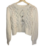 *LoveShackFancy Leni Cotton Wool Embroidered Cable Knit Crew Neck Pullover Sweater, Size XS