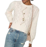 *LoveShackFancy Leni Cotton Wool Embroidered Cable Knit Crew Neck Pullover Sweater, Size XS