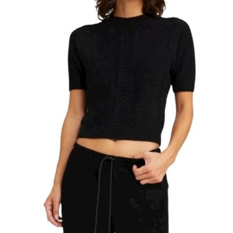 *SPRWMN Cashmere Cable Knit Short Raglan Sleeve High Crew Neck Pullover Sweater, Size M