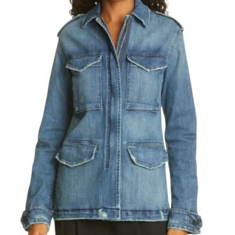 *Nili Lotan Cotton Denim Zip Front Boxy Utility Safari Jacket, Size M