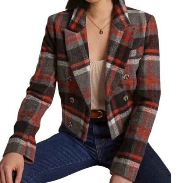 ^Favorite Daughter Parry Plaid Double Breasted Cropped Jacket, Size M