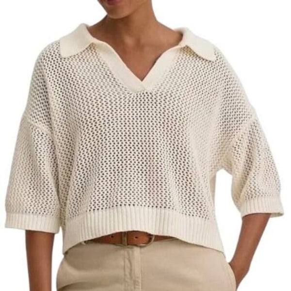 *Velvet by G&S York Cotton & Cashmere Open Stitch Short Sleeve Polo Pullover Sweater, Size S