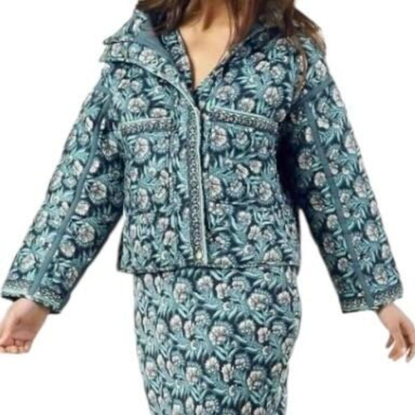 *Omika Karima Modal Floral Quilted Snap-Up High Collar Jacket, Size M