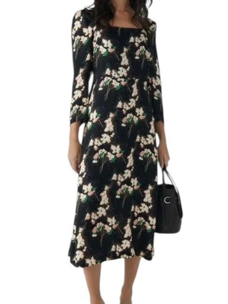 *ba&sh Elonor Floral 3/4 Sleeve Square Neck Midi Dress, Size B 1=US 4