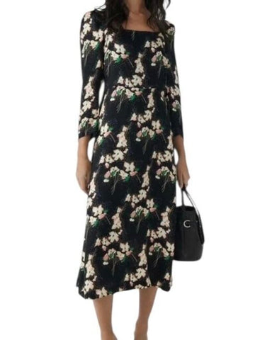 *ba&sh Elonor Floral 3/4 Sleeve Square Neck Midi Dress, Size B 1=US 4