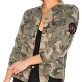*PAM & GELA Twill Camo Stud Trim Long Sleeve Collared Zip-Up Shacket Army Jacket, Size S