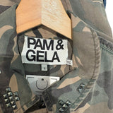 *PAM & GELA Twill Camo Stud Trim Long Sleeve Collared Zip-Up Shacket Army Jacket, Size S