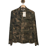 *PAM & GELA Twill Camo Stud Trim Long Sleeve Collared Zip-Up Shacket Army Jacket, Size S