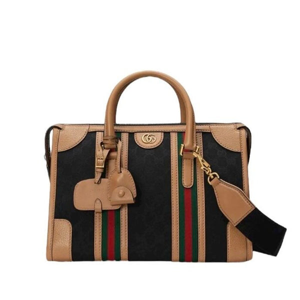 *Gucci Bauletto Medium GG Canvas Leather Trim Dual Top Handle Duffle Crossbody Bag