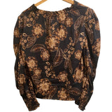 *Misa Los Angeles Siena Cotton Blend Floral Long Sleeve Split Tie Neck Ruffle Trim Blouse Top, Size XS