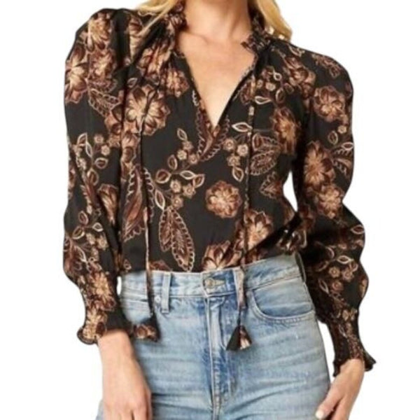 *Misa Los Angeles Siena Cotton Blend Floral Long Sleeve Split Tie Neck Ruffle Trim Blouse Top, Size XS