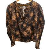 *Misa Los Angeles Siena Cotton Blend Floral Long Sleeve Split Tie Neck Ruffle Trim Blouse Top, Size XS