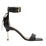 *ALLSAINTS Noir Leather Ankle Strap Buckle Details 3.5" Metal Heel Sandals, Size 41