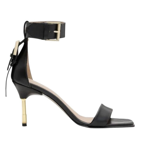 *ALLSAINTS Noir Leather Ankle Strap Buckle Details 3.5" Metal Heel Sandals, Size 41