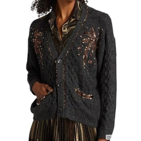 *Le Superbe Paradise Wool Blend Cable Knit Sequin Palms V-Neck Cardigan Sweater, Size XS