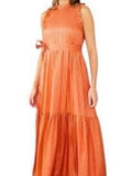 *Marie Oliver Alice Silk Metallic Stripe Sleeveless High Neck Ruffle Trim Maxi Dress, Size XS