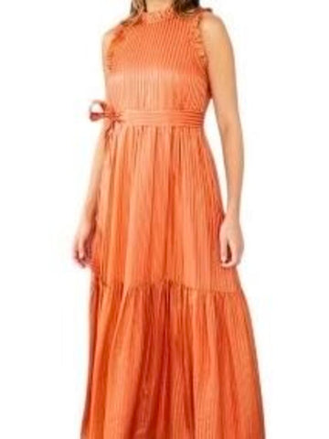 ^Marie Oliver Alice Silk Metallic Stripe Sleeveless High Neck Ruffle Trim Maxi Dress, Size XS
