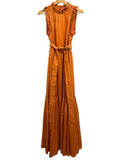 *Marie Oliver Alice Silk Metallic Stripe Sleeveless High Neck Ruffle Trim Maxi Dress, Size XS