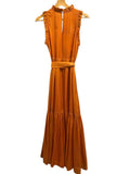 *Marie Oliver Alice Silk Metallic Stripe Sleeveless High Neck Ruffle Trim Maxi Dress, Size XS