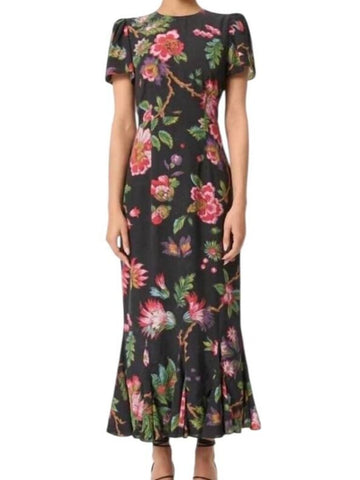 *Rhode Lulani Crepe de Chine Floral Flutter Sleeve Round Neck Flounce Hem Midi Dress, Size 12