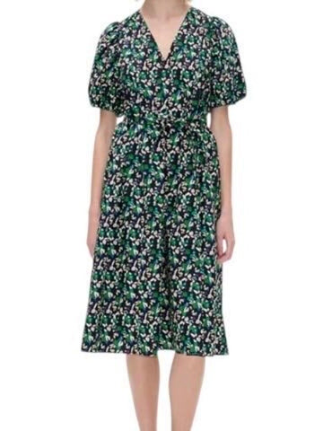 *Baum Und Pferdgarten Azalia Cotton Poplin Floral Puff Sleeve V-Neck Belted Midi Dress, Size BP38=6