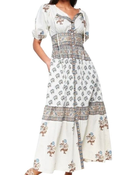 *Hannah Camilla Ellipse Cotton Blockprint Puff Sleeve Tie Neck Maxi Dress, Size H2=8