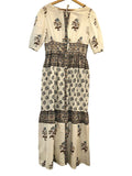 *Hannah Camilla Ellipse Cotton Blockprint Puff Sleeve Tie Neck Maxi Dress, Size H2=8