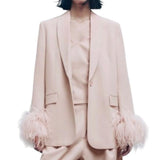 *Zara Twill Feather Cuffs Shawl Collar Single Button Long Blazer Jacket, Size M