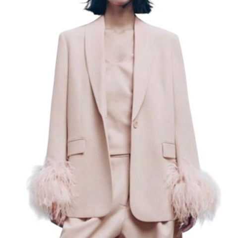 *Zara Twill Feather Cuffs Shawl Collar Single Button Long Blazer Jacket, Size M