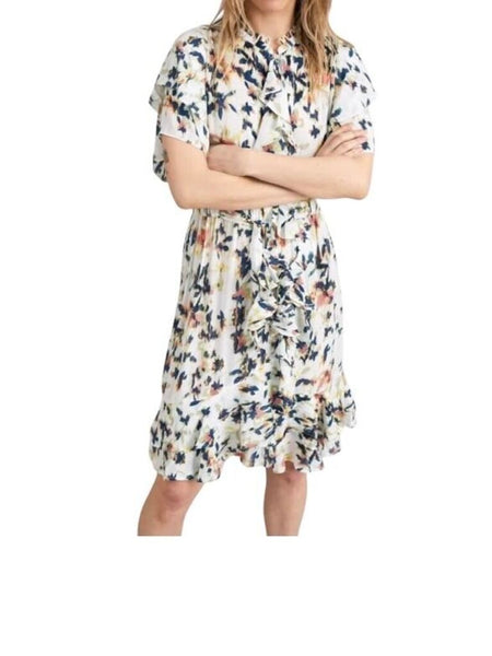 *Munthe Humming Cascade Ruffle Floral Flutter Sleeve Split Neck Faux Wrap Mini Dress, Size EU38=6