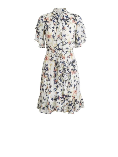 *Munthe Humming Cascade Ruffle Floral Flutter Sleeve Split Neck Faux Wrap Mini Dress, Size EU38=6