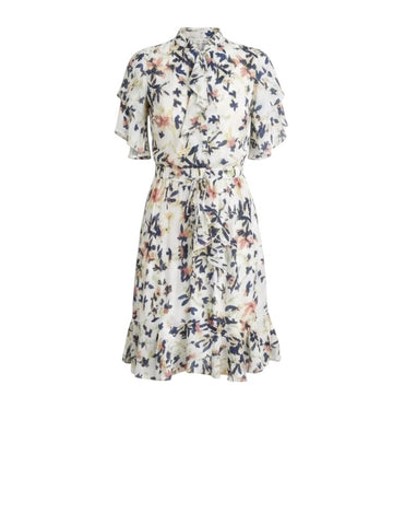 *Munthe Humming Cascade Ruffle Floral Flutter Sleeve Split Neck Faux Wrap Mini Dress, Size EU38=6
