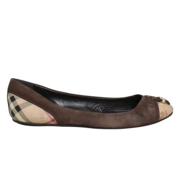 *Burberry Yates Haymarket Check Canvas & Suede Bow Charm Pointed Toe Ballet Flats, Size 38