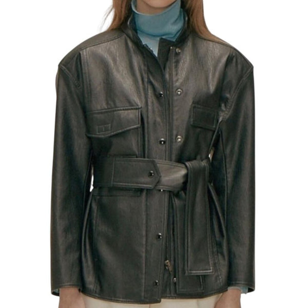 *Wnderkammer Faux Leather Patch Pocket Logo Belted Jacket, Size S