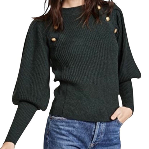 *Veronica Beard Jude Merino Wool Rib Knit Gold Button Long Puff Sleeve Crewneck Sweater, Size XS