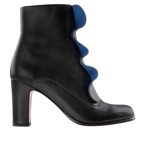 *Chie Mihara Fapico Leather Bicolor Ruffle 85mm Heel Ankle Boots Booties, Size 37