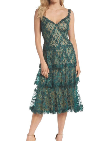 *Tadashi Shoji Ambroz 3D Floral Embroidered Cami V-Neck Tiered Tea Length Midi Dress, Size 8