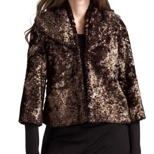 *Alice + Olivia Masha Metallic Faux Fur 34 Sleeve Double Collar Short Jacket, Size S