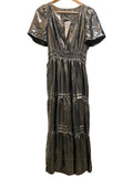 *NWT by Anthropologie Somerset Metallic Silver Foil Flutter Sleeve Split Neck Tiered Maxi Dress, Size XS
