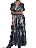 *NWT by Anthropologie Somerset Metallic Silver Foil Flutter Sleeve Split Neck Tiered Maxi Dress, Size XS