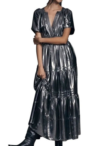 *NWT by Anthropologie Somerset Metallic Silver Foil Flutter Sleeve Split Neck Tiered Maxi Dress, Size XS