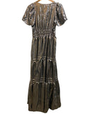 *NWT by Anthropologie Somerset Metallic Silver Foil Flutter Sleeve Split Neck Tiered Maxi Dress, Size XS