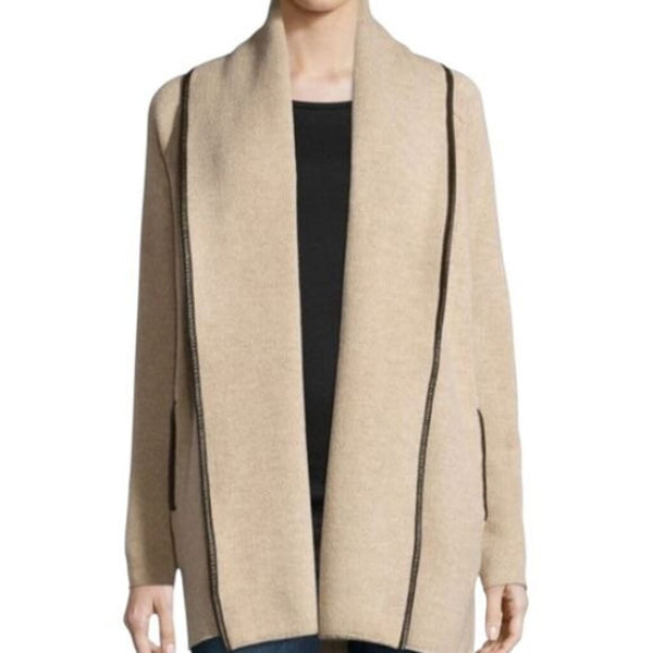 *Vince Wool & Yak Blend Leather Tipped Edges Shawl Collar Open Front Cardigan, Size XS