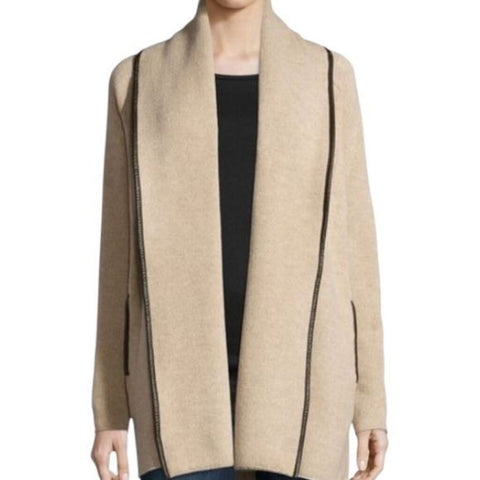 *Vince Wool & Yak Blend Leather Tipped Edges Shawl Collar Open Front Cardigan, Size XS