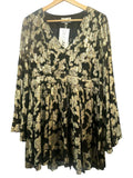 *NWT Mille Goldie Metallic Jacquard Chiffon Long Bell Sleeve V-Neck Gathered Skirt Mini Dress, Size M