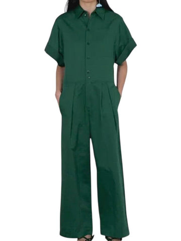*Tibi Cotton Linen Sateen Short Sleeve Collared Button-Up Wide Leg Jumpsuit, Size 0