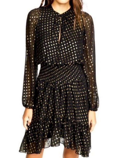 *A.L.C. Sidney Silk Metallic Dot Long Balloon Sleeve Split Neck Elastic Waist Mini Dress, Size 10