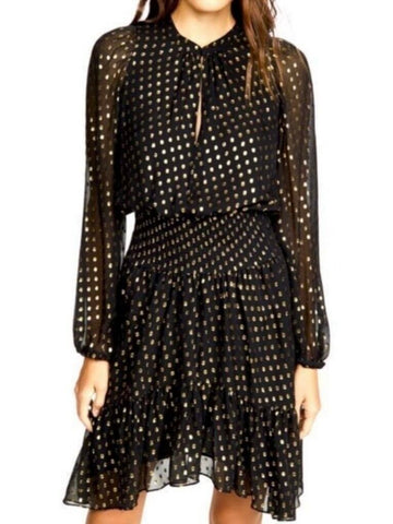 *A.L.C. Sidney Silk Metallic Dot Long Balloon Sleeve Split Neck Elastic Waist Mini Dress, Size 10