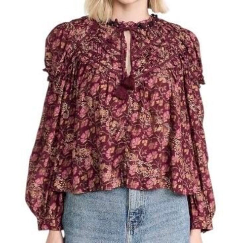 *Sea New York Giulia Crepe Floral Long Sleeve Tassel Tie Split Neck Button-Up Crop Top, Size XS