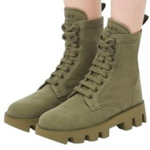 *Prada Rocksand Canvas & Leather Lace-Up Lug Sole Military Combat Ankle Boots, Size 37